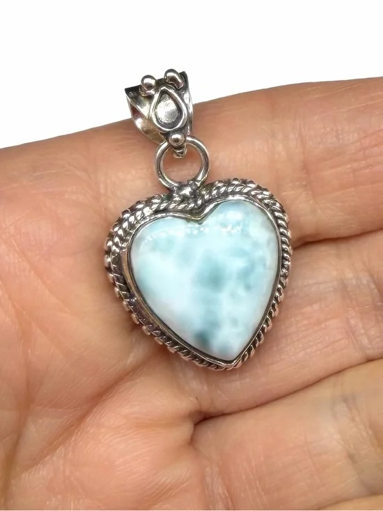 Larimar Heart Shaped Necklace Pendant Solid 925 Sterling Silver - Picture 2 of 5